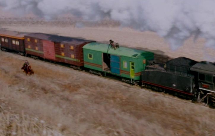 4 set pieces all take place on fast moving locomotives